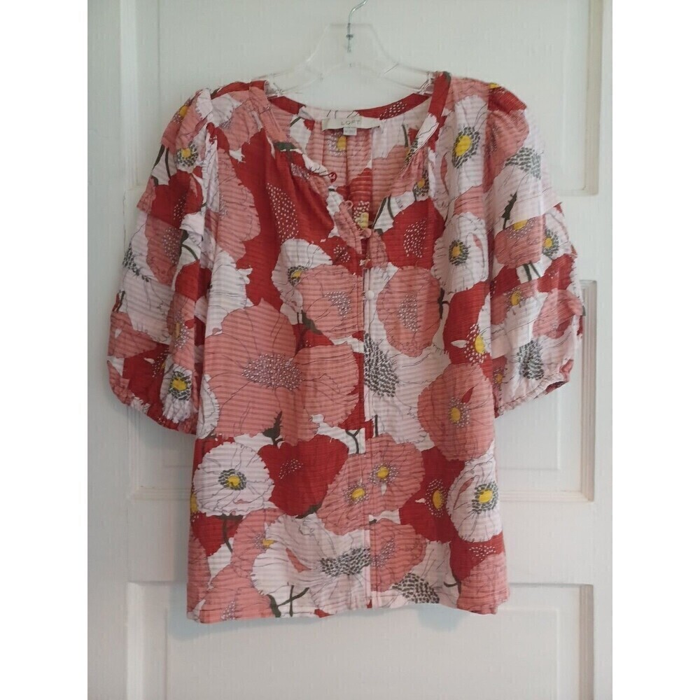 LOFT poppy print peasant blouse XS no collar gauzy short sl. retro boho colorful